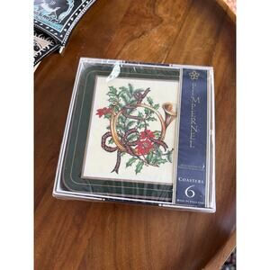 NEW PIMPERNEL CHRISTMAS SET OF 6 CORK BACKED COASTERS “Yulletide Horn” England.